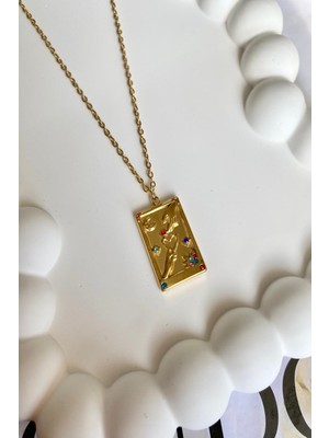 Kadın Çelik Kolye Tarot Seri Düz Zincir Düz Plaka Renkli Taş Lovers Kolye