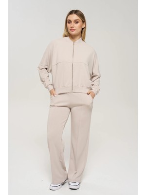 Venilife Kadın Düşük Omuz Bomber Yaka Track Top ve Cepli Pantolon Alt Üst Ikili Takım