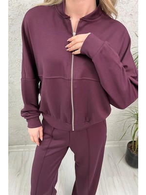 Venilife Kadın Düşük Omuz Bomber Yaka Track Top ve Cepli Pantolon Alt Üst Ikili Takım