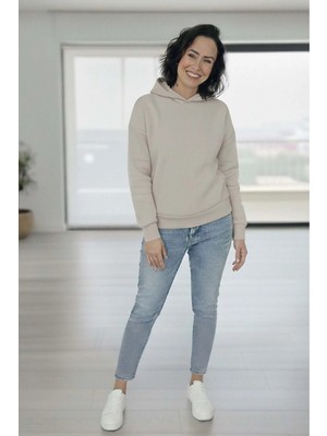 Venilife Kadın Düşük Omuz Kapüşonlu Basic Sweatshirt