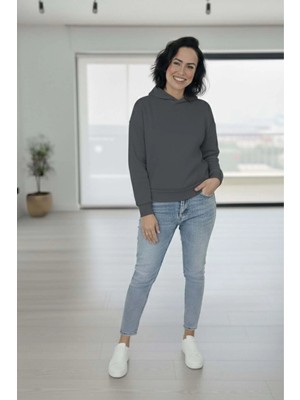 Venilife Kadın Düşük Omuz Kapüşonlu Basic Sweatshirt