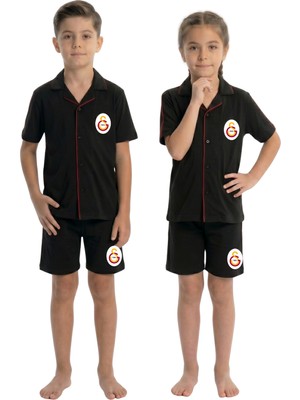 Galatasaray Orjinal Lisanslı Unisex Çocuk Düğmeli Gömlek Yaka Kısa Kollu Şortlu Pamuklu Pijama Takım