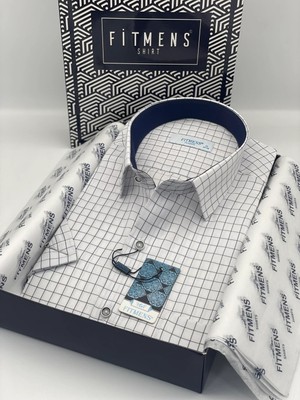 Fitmens Klasik Kısa Kol Kareli Hediye Kutulu Erkek Gömlek FS-003623 - Beyaz Lacivert