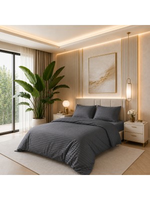 Karden Flower Aurelia Linea Antrasit %100 Pamuk Saten Çizgili Çift Kişilik Nevresim Takımı