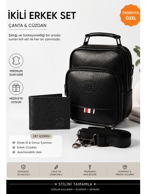Sannora Bags Erkek Siyah Deri Voyager Şık Günlük El ve Omuz Çantası Şık Crossbody Günlük Erkek Seyahat Çantası ve Cüzdan