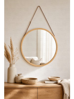 Naturel Dekor Bambu Deri Askılı Yuvarlak Dekoratif Ayna 50 Cm, Bohem, Iskandinav, Modern, Hasır, Bambu