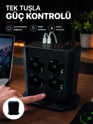 Elif Asya Ceyiz Tekstil Akım Korumalı 8'li Dikey Priz 4 USB 2 Type-C Hızlı Şarj Destekli Çoklu Priz