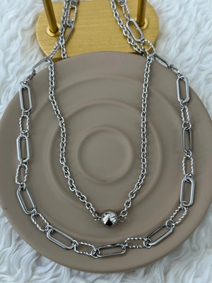 Fm 💎 Premium Gümüş Renk Parlak ve Şık Çift Katlı Modern Top Zincir 316L Çelik Kadın Kolye (45cm)