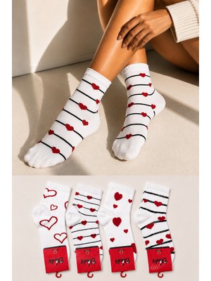 Ducks Socks Kadın Ekru Pamuklu Dikişsiz Kadın Çorap 4'lü Orta Konç Desenli Çorap