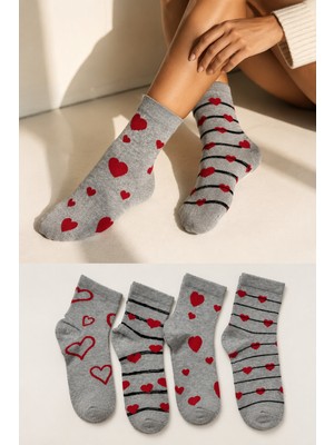 Ducks Socks Kadın Ekru Pamuklu Dikişsiz Kadın Çorap 4'lü Orta Konç Desenli Çorap