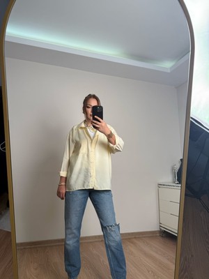 2705 Nurnova Kadın Soft Sarı Uzun Kollu Cep Detaylı Boyfriend Gömlek