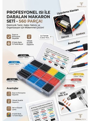 Segy Home Termaltech 560 Parça Isı Ile Daralan Makaron Seti - Kablo Yalıtım ve Tamir Kiti (5 Renk / 12 Boyut)