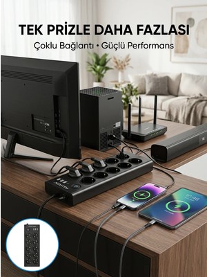 Elif Asya Ceyiz Tekstil 10 Prizli USB Destekli Çoklu Priz Type-C Şarj Girişli Güvenli Güç Ünitesi