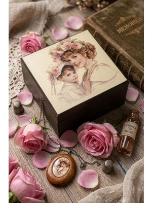 Uretti - Hülya 6683 8239 El Yapımı Nostaljik Anne & Çocuk Baskılı Ahşap Takı ve Saklama Kutusu – Retro Vintage Dekoratif Kare Kutu