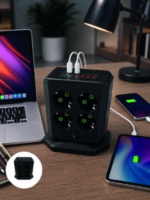 Elif Asya Ceyiz Tekstil Çoklu Priz 8 Çıkışlı 4 USB 2 Type-C Anahtarlı Dikey Priz Kulesi