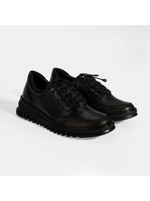 Kadın Siyah Bağcıklı DesaComfort Deri Sneaker
