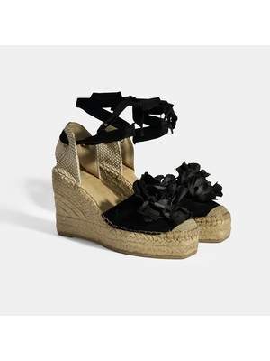 Limited Edition Siyah Kadın Çiçek Aksesuarlı Jüt Bağcıklı Dolgu Topuklu Süet Espadril
