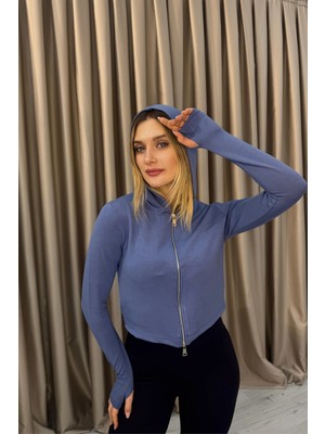 Venilife Kadın Thumbhole Parmak Geçme Detaylı Spor Kapüşonlu Fermuarlı Crop Sweatshirt