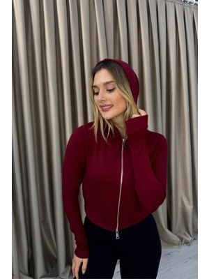 Venilife Kadın Thumbhole Parmak Geçme Detaylı Spor Kapüşonlu Fermuarlı Crop Sweatshirt