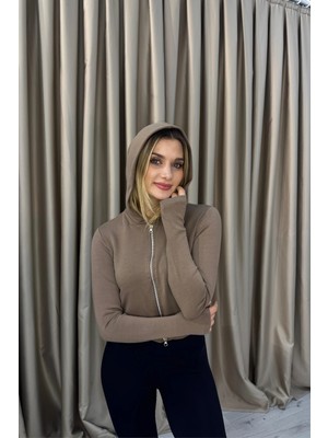 Venilife Kadın Thumbhole Parmak Geçme Detaylı Spor Kapüşonlu Fermuarlı Crop Sweatshirt