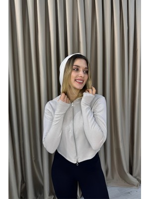 Venilife Kadın Thumbhole Parmak Geçme Detaylı Spor Kapüşonlu Fermuarlı Crop Sweatshirt