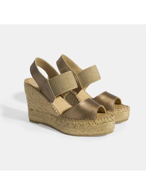 Gold Kadın Lastik Bantlı Slingback Dolgu Topuklu Deri Espadril