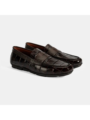 Erkek Kahve Kroko Baskılı Deri Loafer
