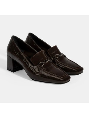 Kadın Kahve Kroko Baskılı Topuklu Rugan Loafer