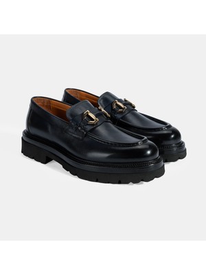 Erkek Lacivert Metal Toka Detaylı Deri Loafer
