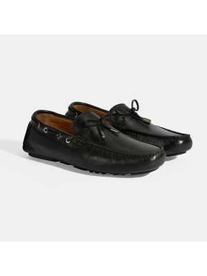 Erkek Siyah Bağcık Detaylı Slip-On Deri Loafer