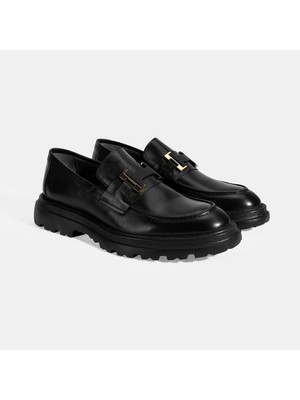 Erkek Siyah Metal Toka Detaylı Deri Loafer
