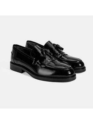 Erkek Siyah Püskül Detaylı Deri Loafer