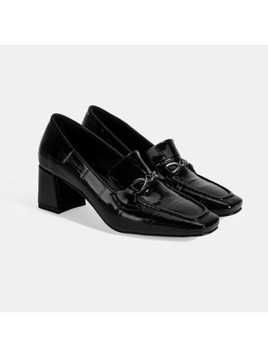 Kadın Siyah Kroko Baskılı Topuklu Rugan Loafer