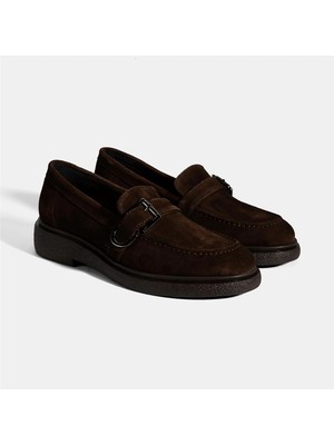 Kadın Kahve Metal Toka Detaylı Süet Loafer