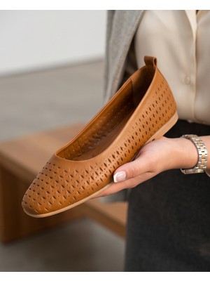 Futsi Shoes Bella Taba Hakiki Deri Lazer Kesim Kadın Babet