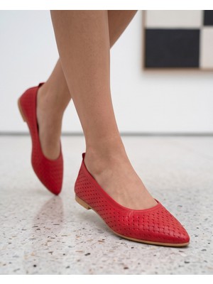 Futsi Shoes Stella Kırmızı Hakiki Deri Örgü Desenli Kadın Babet