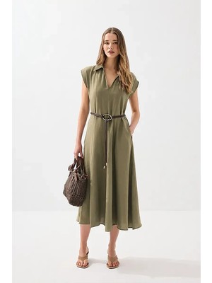 Gusto Yakalı Kemerli Uzun Tencel Elbise - Haki