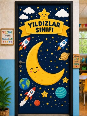 Promisebackdrop2 190X75CM Lastikli Kapı Süsü, Kumaş Kapı Giydirme, Yıldızları Sınıfı, Sınıf Kapısı, Okul Etkinlik Kapı Süsü