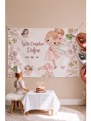 Lilabio Kişiye Özel Doğum Günü Duvar Afişi Örtüsü 100X120 cm Büyük Boy Fairy