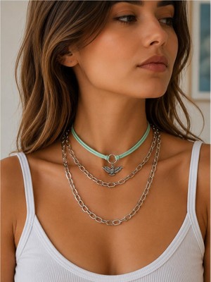 BijuStore Albatros Kuşu Süet Choker _ Bakla Zincir Ikili Set Kadın Kolye