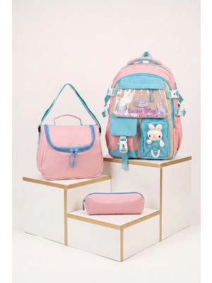 Fatella Relaxion Kız Çocuk Pelüş Ayıcıklı Kore Tarzı Kawaii 3'lü Set Okul Çantası Seti Pembe