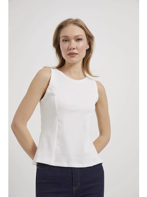 Tena Kadın Beyaz Kayık Yaka Bel Oturtmalı Licralı Peplum Bluz