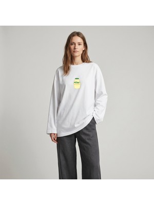 Nubarco Beyaz Oversize Geniş Kesim Uzun Kollu %100 Pamuk Yazlık Korean Food Baskılı Tshirt