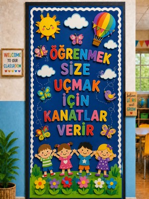 Promisebackdrop2 190X75CM Lastikli Kapı Süsü, Kumaş Kapı Giydirme, Çocuk Figürlü, Sınıf Kapısı, Okul Etkinlik Kapı Süsü