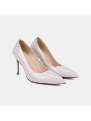 Desa Kadın Bej Kroko Baskılı Sivri Burunlu Klasik Deri Stiletto