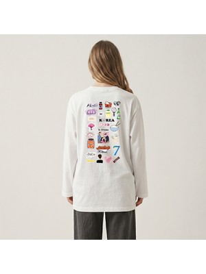 Nubarco Beyaz Oversize Geniş Kesim Uzun Kollu %100 Pamuk Yazlık Korean Food Baskılı Tshirt
