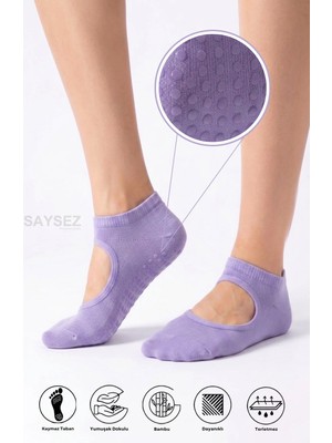 Saysez Bambu Kadın Kaydırmaz Taban Silikon Baskı Pilates Yoga Fitness Dans Aktivite Patik Çorabı Üstü Açık Model