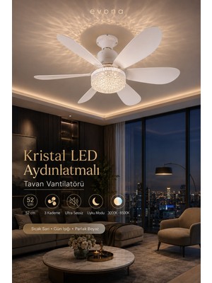 Evona Feny Tavan Vantilatörü Kristal LED Aydınlatmalı Kumandalı Sessiz 6 Kanatlı 3 Kademe Hız Fan