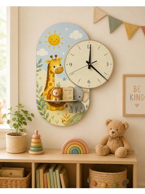 Karbonsoft Dekoratif Raflı Sessiz Duvar Saati 37,5 × 50 cm – Çift Kat Mdf Sevimli Safari Tasarım