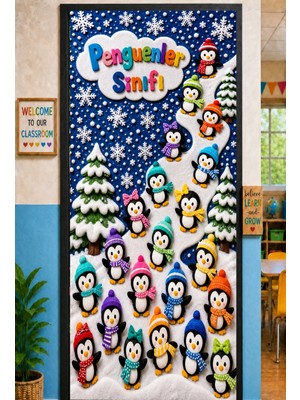 Promisebackdrop2 190X75CM Lastikli Kapı Süsü, Kumaş Kapı Giydirme, Penguenler Sınıfı, Sınıf Kapısı, Okul Etkinlik Kapı Süsü